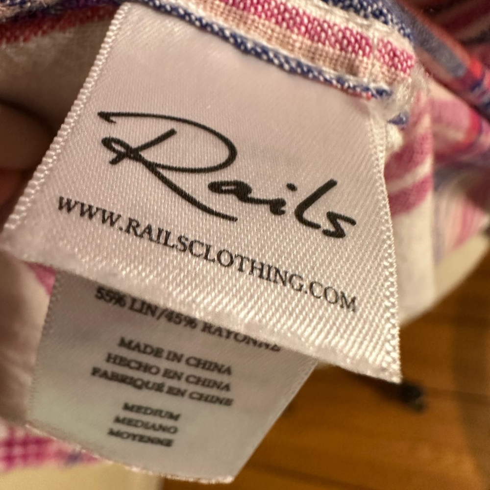 Rails “Charli” plaid linen rayon blouse in fuschia & white peach Size Medium - Picture 7 of 9